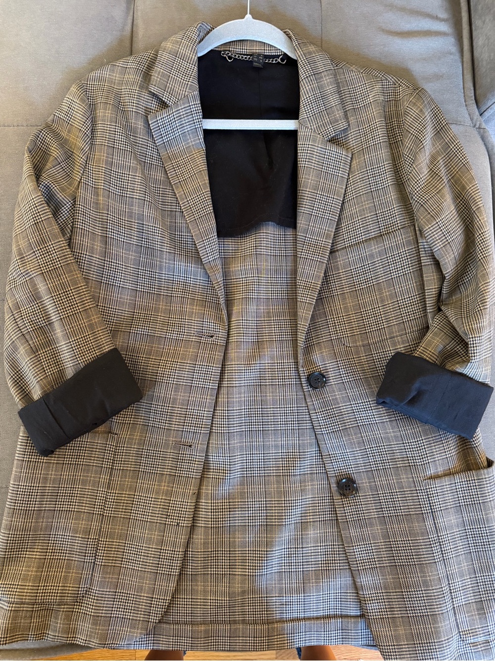 Plaid Longline Blazer in Neutral Brown/Gray